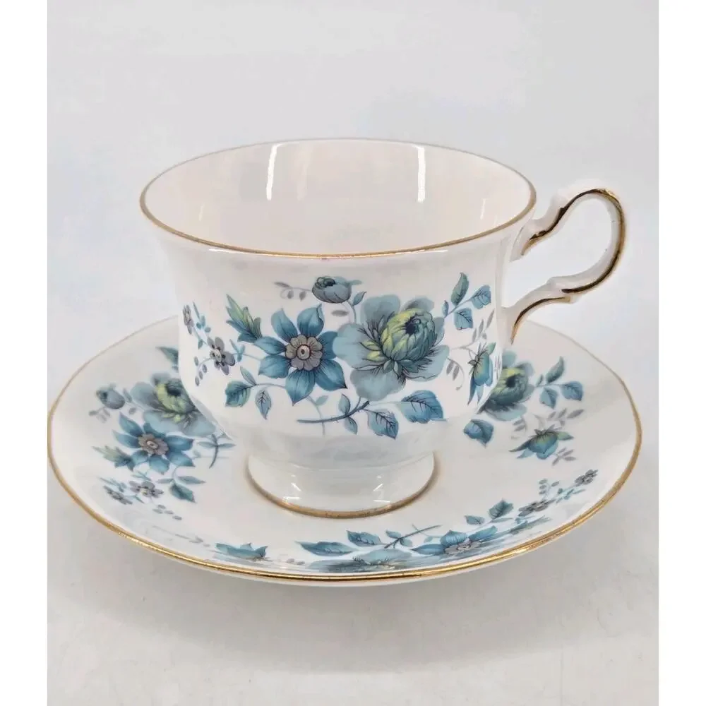 Mid Century 60s Blue Flowers Queen Anne Fine Bone China Tea Cup and Saucer